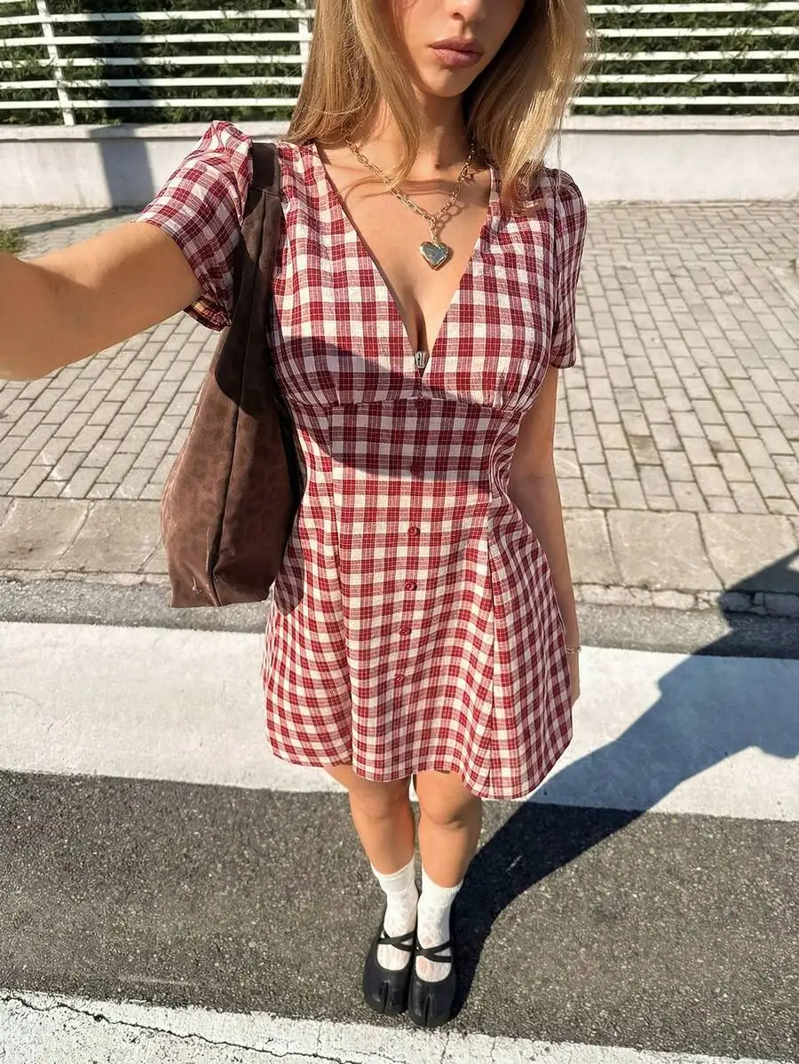 Red Gingham Plaid Mini Dress Deep V-Neck Puff Sleeve Button Front A-Line Casual Women
Red Gingham Plaid Mini Dress Deep V-Neck Puff Sleeve Button Front A-Line Casual Women