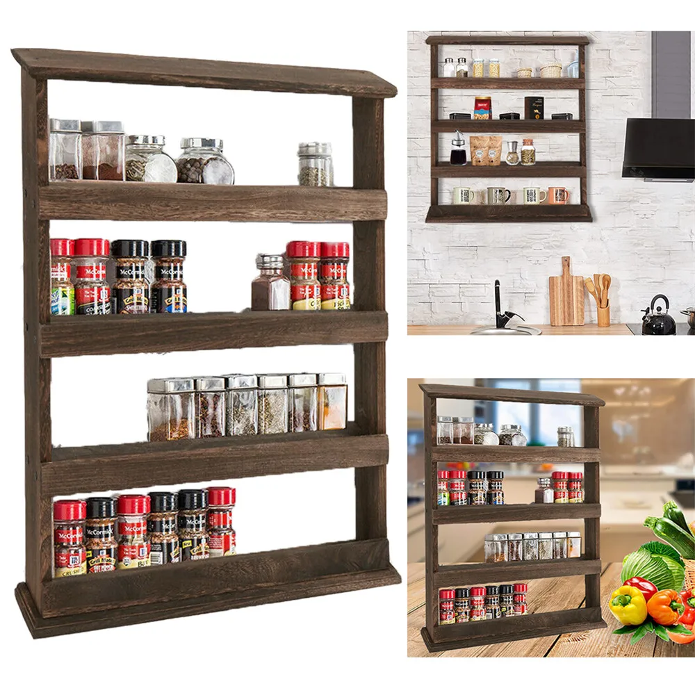 Wooden floating shelf wall-mounted kitchen spice jar storage rack with 4 layers
Wooden floating shelf wall-mounted kitchen spice jar storage rack with 4 layers