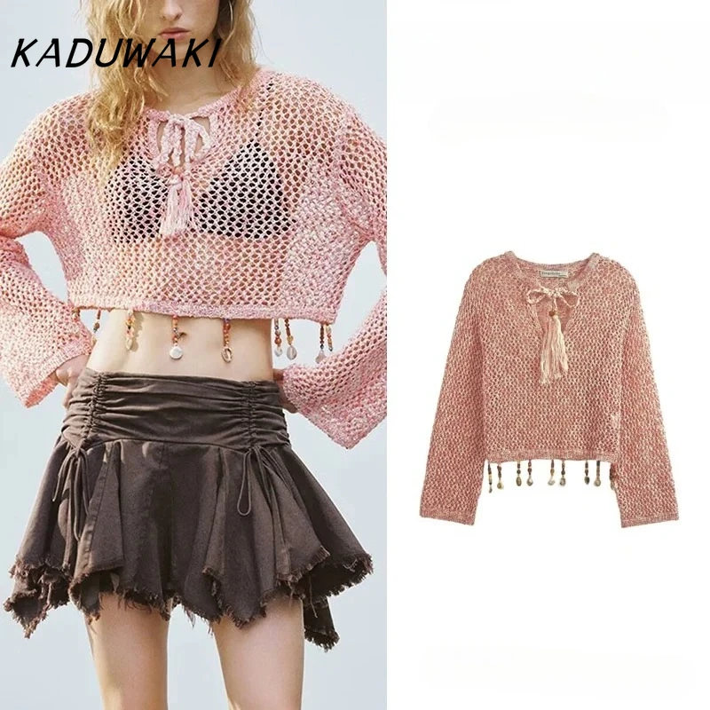 KADUWAKI Summer Women's Knitted Ell Fringe Knot Hollow Out Design Sweater V-Ne Long Sve Loose Fit Color Jumpers Кофта Женская
KADUWAKI Summer Women's Knitted Ell Fringe Knot Hollow Out Design Sweater V-Ne Long Sve Loose Fit Color Jumpers Кофта Женская