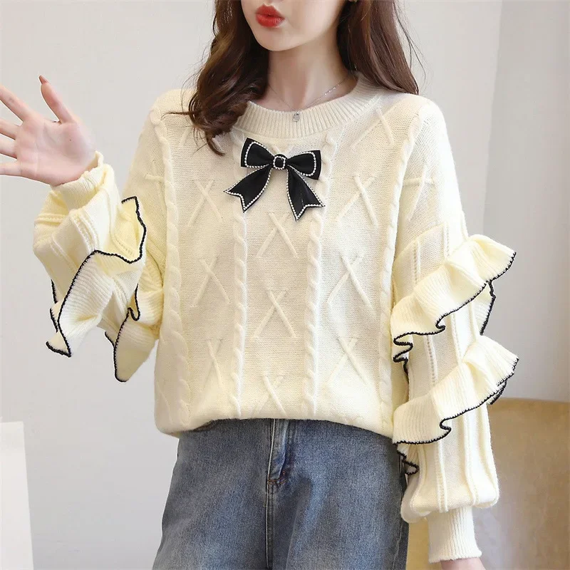 QNPQYX Bow Sweet Knit Women Sweater Korean Fashion Flared Long Sleeve Loose O Neck Pullover Autumn Winter Casual Female Jumpers
QNPQYX Bow Sweet Knit Women Sweater Korean Fashion Flared Long Sleeve Loose O Neck Pullover Autumn Winter Casual Female Jumpers