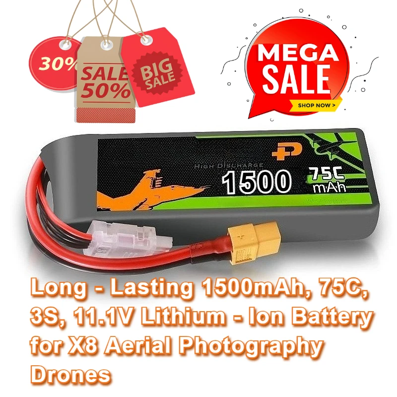 Long - Lasting 1500mAh, 75C, 3S, 11.1V Lithium - Ion Battery for X8 Aerial Photography Drones
Long - Lasting 1500mAh, 75C, 3S, 11.1V Lithium - Ion Battery for X8 Aerial Photography Drones
