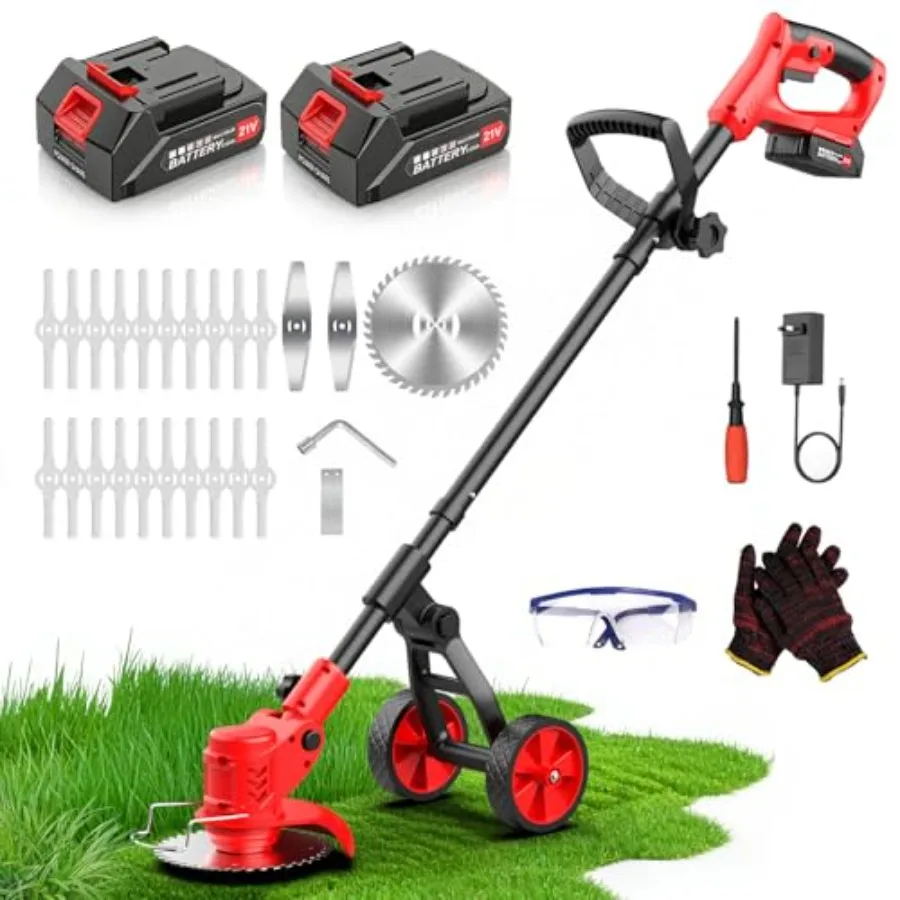 Electric weed wacker for garden yard use, ABS plastic body, black and gray, cordless 21V battery-powered with wheels, 3-blade s
Electric weed wacker for garden yard use, ABS plastic body, black and gray, cordless 21V battery-powered with wheels, 3-blade s