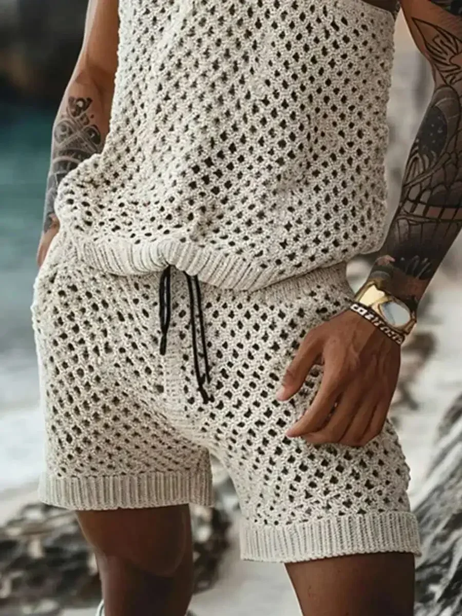 Mens Summer Beach Crochet Hollow Out Tank Top And Shorts Set
Mens Summer Beach Crochet Hollow Out Tank Top And Shorts Set