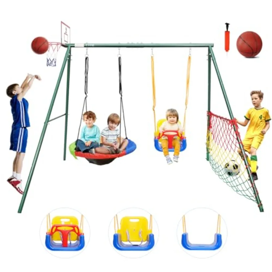 Backyard swing set for kids, heavy-duty metal frame in gray, 7-in-1 multifunctional playset with saucer swing, basketball hoop,
Backyard swing set for kids, heavy-duty metal frame in gray, 7-in-1 multifunctional playset with saucer swing, basketball hoop,