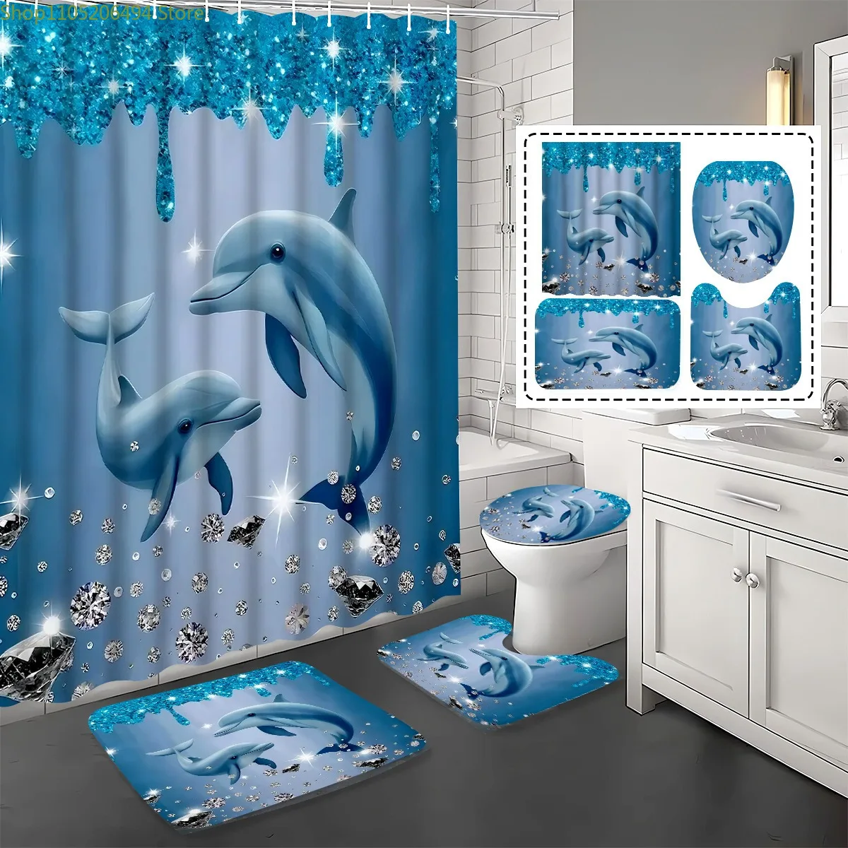 1/4pcs Creative HD Blue Shiny Diamond Dolphin Pattern Printed Shower Curtain Set, Luxury Shower Curtain Four-Piece Set Bathroo
1/4pcs Creative HD Blue Shiny Diamond Dolphin Pattern Printed Shower Curtain Set, Luxury Shower Curtain Four-Piece Set Bathroo