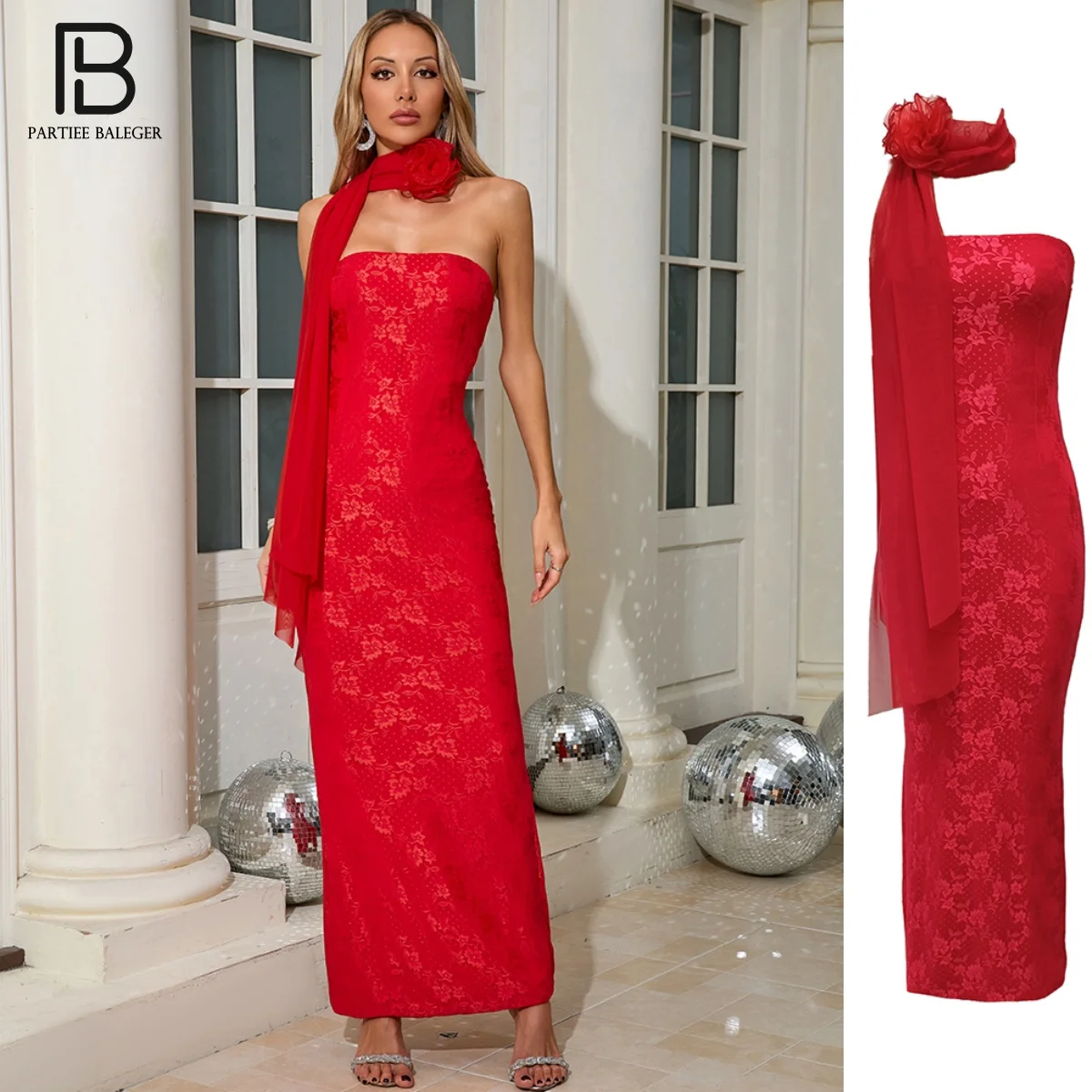 PB Glamorous Red Strapless Lace Bodycon Long Dress with Detachable Scarf Sleeveless Floral Printing For Weddings & Galas Party
PB Glamorous Red Strapless Lace Bodycon Long Dress with Detachable Scarf Sleeveless Floral Printing For Weddings & Galas Party