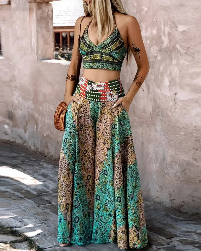 Summer Women 2 Piece Fashion Tribal Pattern V-Neck Spaghetti Strap Crop Tank High Waist Wide Leg Pants Vacation Pants Set
Summer Women 2 Piece Fashion Tribal Pattern V-Neck Spaghetti Strap Crop Tank High Waist Wide Leg Pants Vacation Pants Set