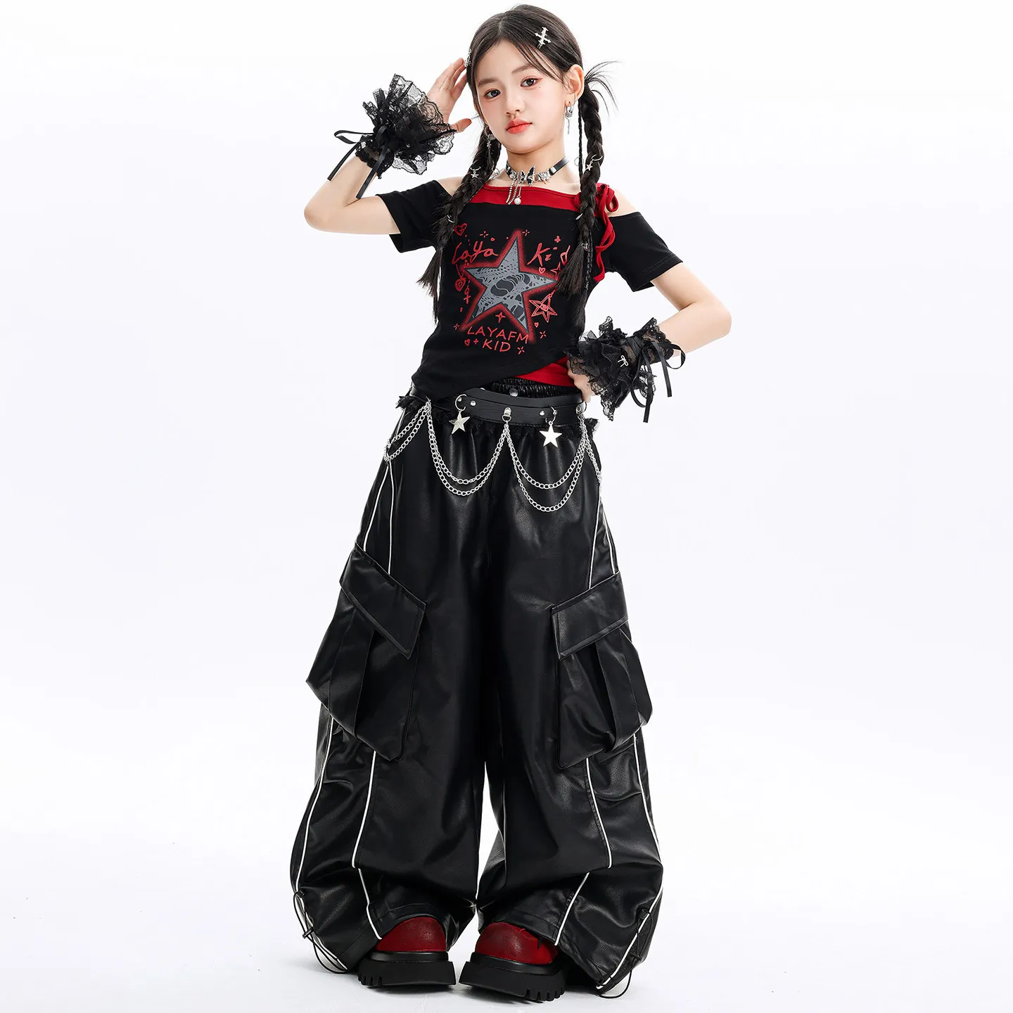 Girl Kpop Hip Hop Clothing Black Off Shoulder Crop T Shirt PU Leather Striped Cargo Pants for Kids Street Dance Costumes Clothes
Girl Kpop Hip Hop Clothing Black Off Shoulder Crop T Shirt PU Leather Striped Cargo Pants for Kids Street Dance Costumes Clothes