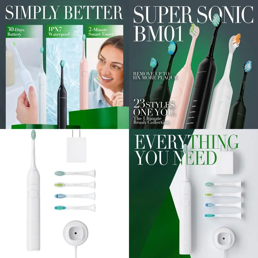 Rechargeable Sonic Toothbrush for Adults - 4 Heads, 5 Modes, Waterproof, White
Rechargeable Sonic Toothbrush for Adults - 4 Heads, 5 Modes, Waterproof, White