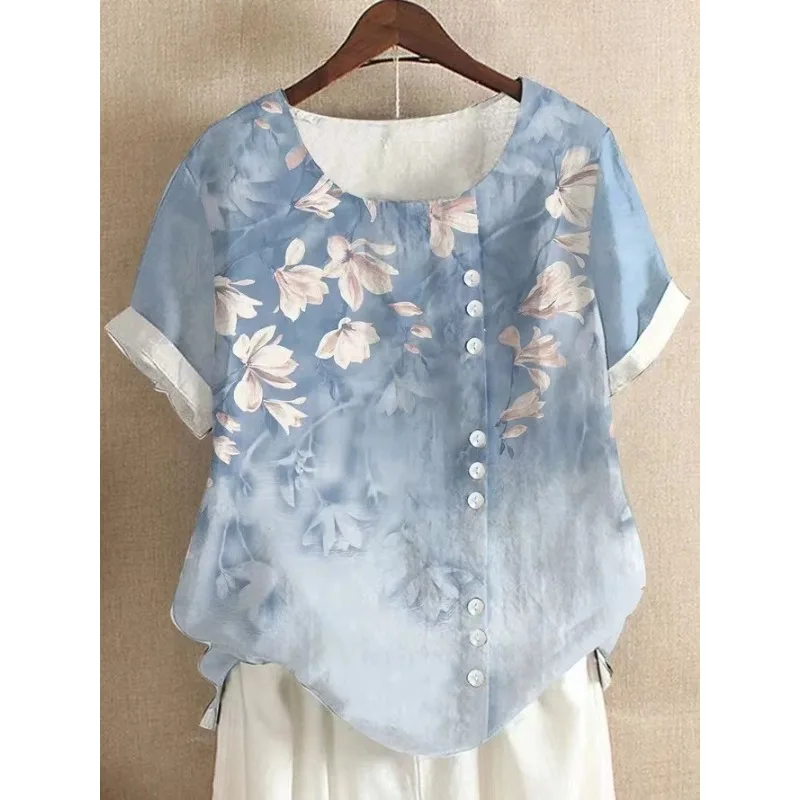 Women's Floral Print Cotton Linen Blouse Round Neck Short Sleeve Casual Shirt
Women's Floral Print Cotton Linen Blouse Round Neck Short Sleeve Casual Shirt