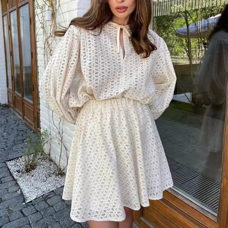 Hollow out Top And Short Skirt Set Bubble Sleeve Fashion Ensemble Short Dress Autumn Collection Ladies Premium Clothing
Hollow out Top And Short Skirt Set Bubble Sleeve Fashion Ensemble Short Dress Autumn Collection Ladies Premium Clothing