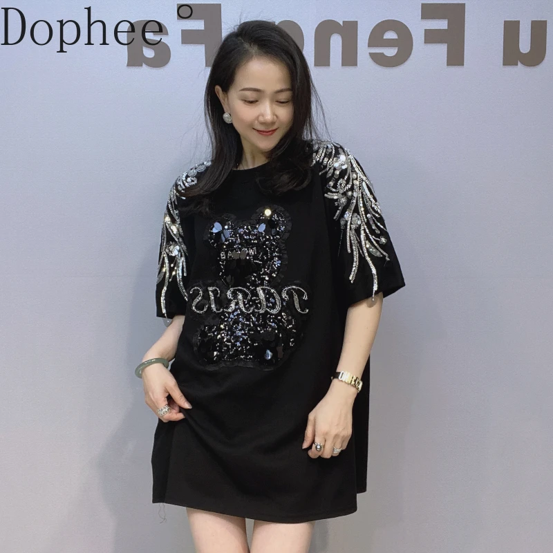 Oversize Women T-shirt 2025 New Summer Space Cotton Short Sleeve Tees Shiny Sequins Beading Loose Mid-long Pullover Top O-neck
Oversize Women T-shirt 2025 New Summer Space Cotton Short Sleeve Tees Shiny Sequins Beading Loose Mid-long Pullover Top O-neck
