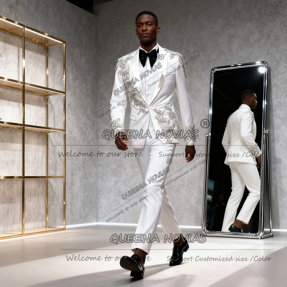 Роскошные мужские костюмы с бриллиантами и бисером на свадьбу, комплекты из 2 предметов, пиджак с шалью и лацканами, брюки, смокинг жениха по индивидуальному заказу, мужской деловой наряд 
Роскошные мужские костюмы с бриллиантами и бисером на свадьбу, комплекты из 2 предметов, пиджак с шалью и лацканами, брюки, смокинг жениха по индивидуальному заказу, мужской деловой наряд