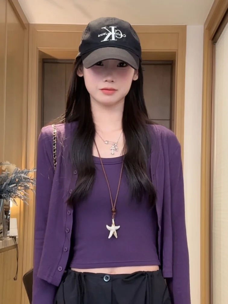 Women's Short Sleeveless Tank Top And Long Sleeve Cardigan Two-Piece Set Korean Style Slim Fit Inner Wear Purple Spring Autumn
Women's Short Sleeveless Tank Top And Long Sleeve Cardigan Two-Piece Set Korean Style Slim Fit Inner Wear Purple Spring Autumn