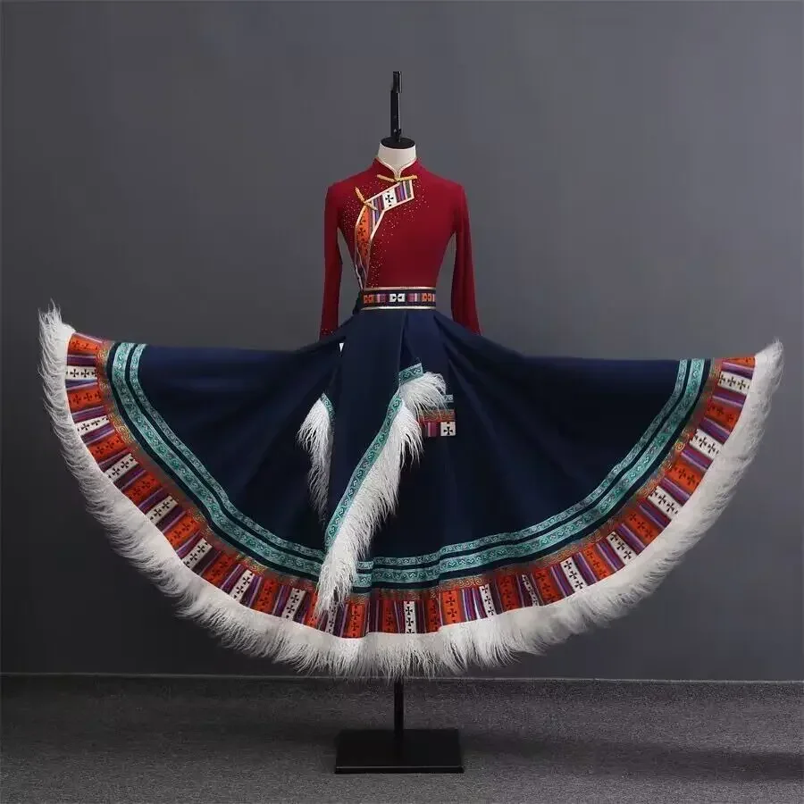 Traditional Folk Stage DanceWear Tibetan Outfit Long Skirts Mongolian National Tibetan Dress Modern Minority Performance Costume
Traditional Folk Stage DanceWear Tibetan Outfit Long Skirts Mongolian National Tibetan Dress Modern Minority Performance Costume