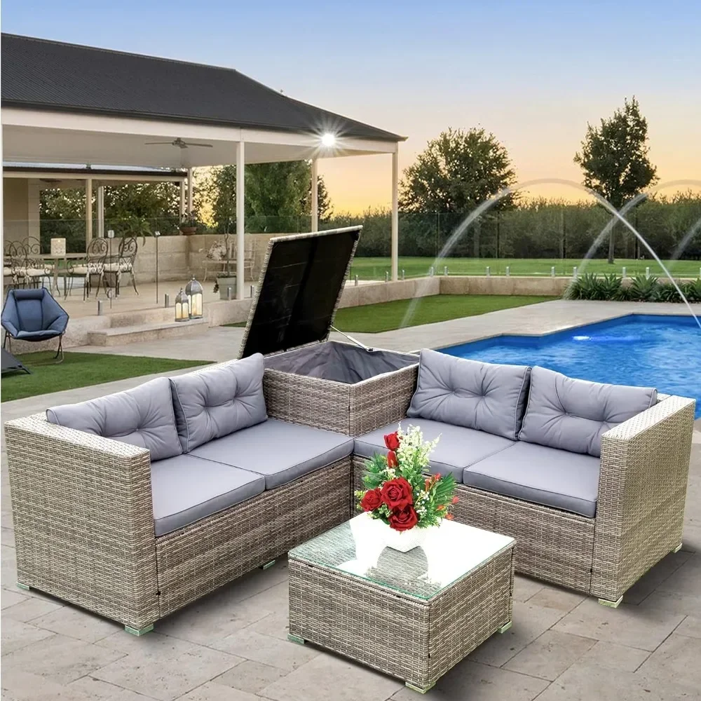 4 Piece Outdoor Patio Furniture Set, Wicker Rattan Sectional Sofa with Large Storage Box and Glass Table for Garden, Backyark
4 Piece Outdoor Patio Furniture Set, Wicker Rattan Sectional Sofa with Large Storage Box and Glass Table for Garden, Backyark