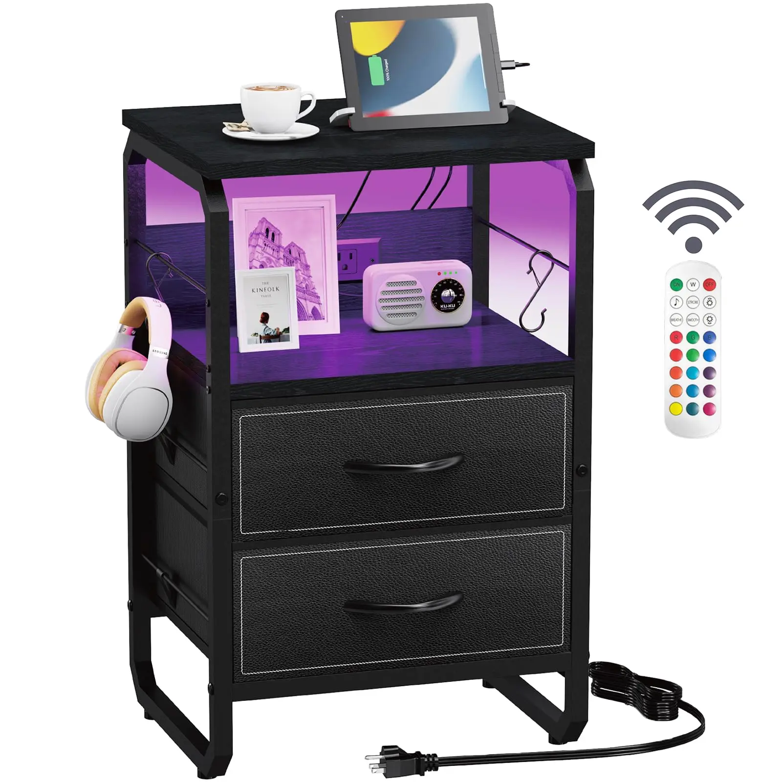 Modern Black LED Bedside Table With Dual Drawers, USB Charging Ports, Power Outlets, And Remote-Controlled RGB Lighting