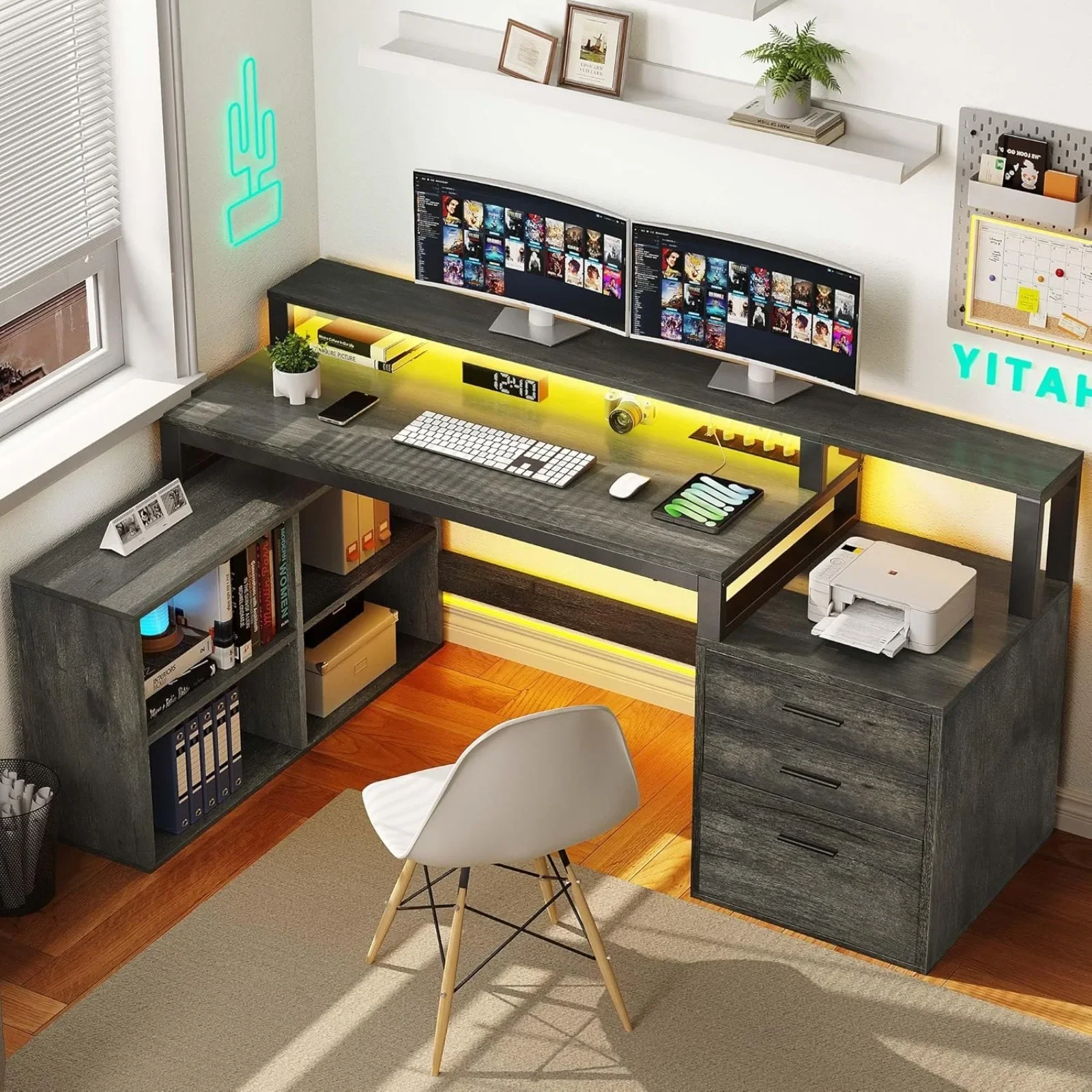 US L Shaped Desk with 3 Drawers, 65" Corner Computer Desk with Power Outlets & LED Lights, L-Shaped Desk with File Cabinet
US L Shaped Desk with 3 Drawers, 65" Corner Computer Desk with Power Outlets & LED Lights, L-Shaped Desk with File Cabinet