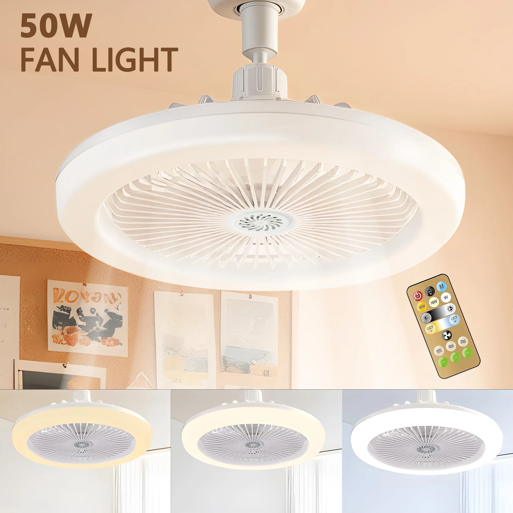 Socket Ceiling Fan with 50W LED Light 3 Speed Wind Intelligent Remote Control for 3 Colors Suitable for Bedrooms And Living Room
Socket Ceiling Fan with 50W LED Light 3 Speed Wind Intelligent Remote Control for 3 Colors Suitable for Bedrooms And Living Room