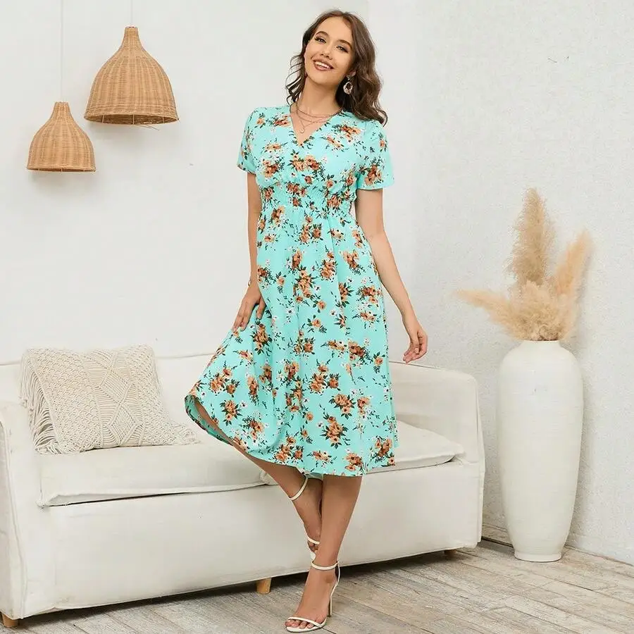 V-Neck Floral Print Midi Dress With Elastic Waist Loose Fit For Women
V-Neck Floral Print Midi Dress With Elastic Waist Loose Fit For Women