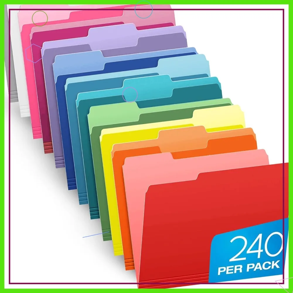 240 Pack Assorted Color File Folders Letter Size with 1/3-cut Tabs for Document Organization
240 Pack Assorted Color File Folders Letter Size with 1/3-cut Tabs for Document Organization