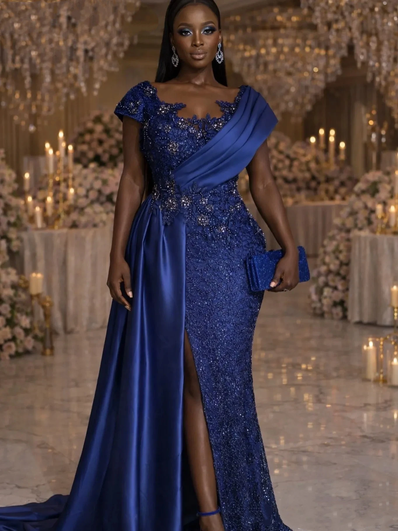 Luxurious Mermaid Lace Bead Decoration Decal Party Evening Dress Sexy Slit Sleeveless African Formal Occasion Dress Customized
Luxurious Mermaid Lace Bead Decoration Decal Party Evening Dress Sexy Slit Sleeveless African Formal Occasion Dress Customized