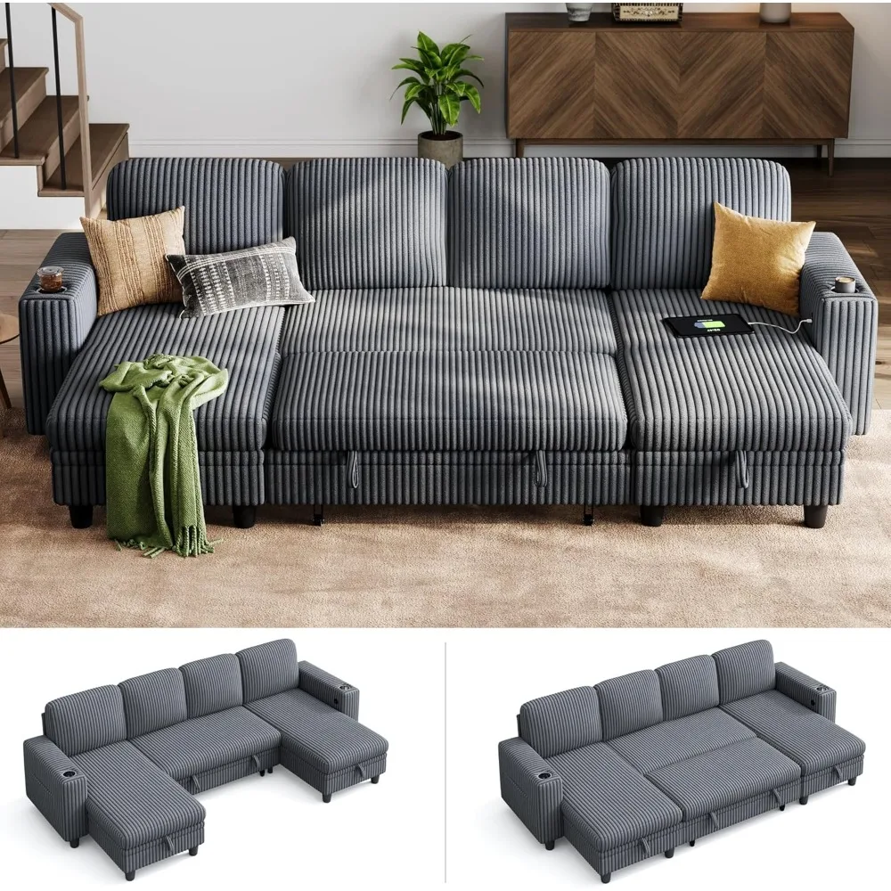 Sectional Sleeper Sofa with Pull Out Couch Bed - Convertible Plush Corduroy Cloud Couch with Storage Chaise & USB Charging, Com
Sectional Sleeper Sofa with Pull Out Couch Bed - Convertible Plush Corduroy Cloud Couch with Storage Chaise & USB Charging, Com
