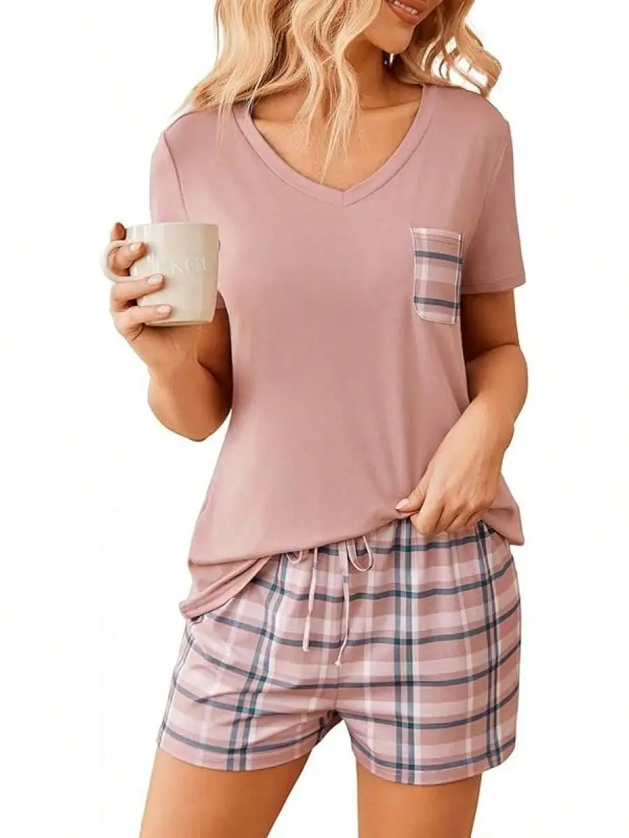 Womens Short Sleeve Pajama Set With Plaid Shorts And V-Neck Top
Womens Short Sleeve Pajama Set With Plaid Shorts And V-Neck Top