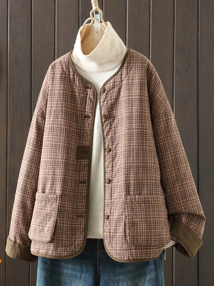 Ретро-куртка из хлопка и льна для женщин: легкая, теплая, свободная, повседневная, на пуговицах, с клетчатым узором, для зимы
Ретро-куртка из хлопка и льна для женщин: легкая, теплая, свободная, повседневная, на пуговицах, с клетчатым узором, для зимы
