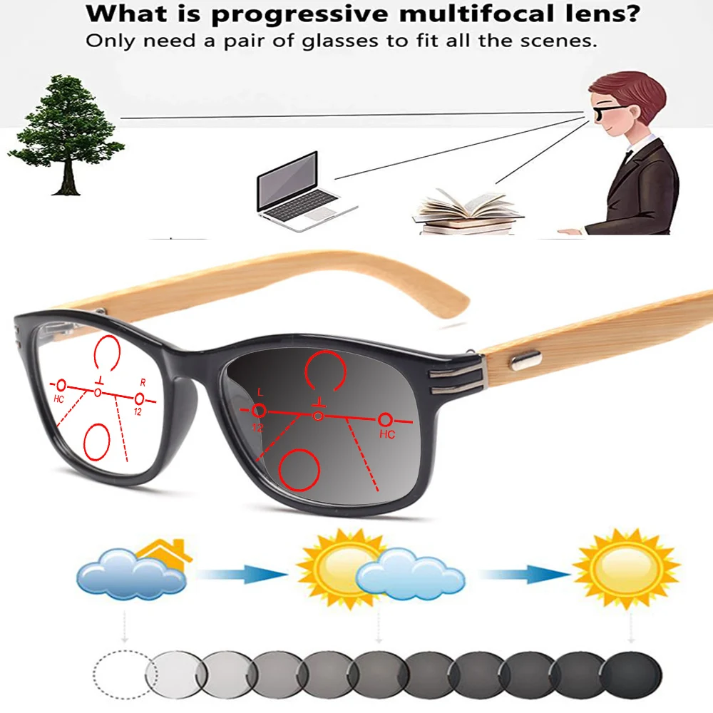 Leisure Style Rectangle Handcrafted Bamboo Temples Round Photochromic Gray Progressive Multi-focal Reading Glasses +0.75 To +4
Leisure Style Rectangle Handcrafted Bamboo Temples Round Photochromic Gray Progressive Multi-focal Reading Glasses +0.75 To +4