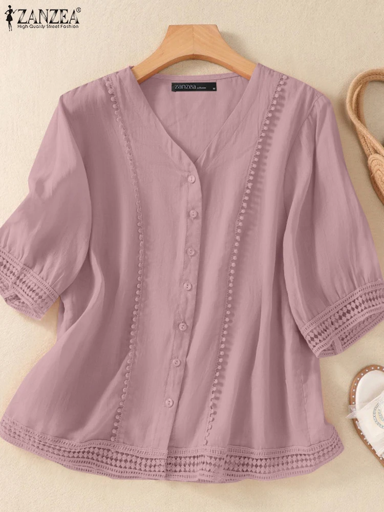 ZANZEA Women Summer Short Sleeve Tops Fashion Korean Shirts 2025 Casual Loose Lace Hem Tunics Elegant V-neck Buttons Blouses
ZANZEA Women Summer Short Sleeve Tops Fashion Korean Shirts 2025 Casual Loose Lace Hem Tunics Elegant V-neck Buttons Blouses