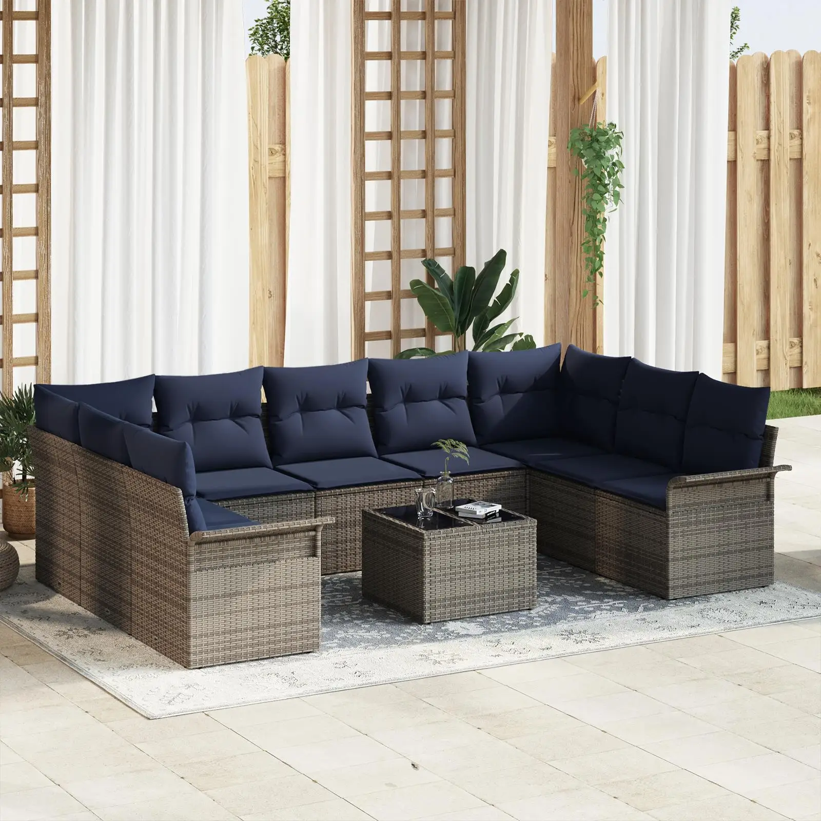 10 Piece Outdoor Rattan Sofa Set with Grey Cushions Garden Furniture Lounge Seating
10 Piece Outdoor Rattan Sofa Set with Grey Cushions Garden Furniture Lounge Seating