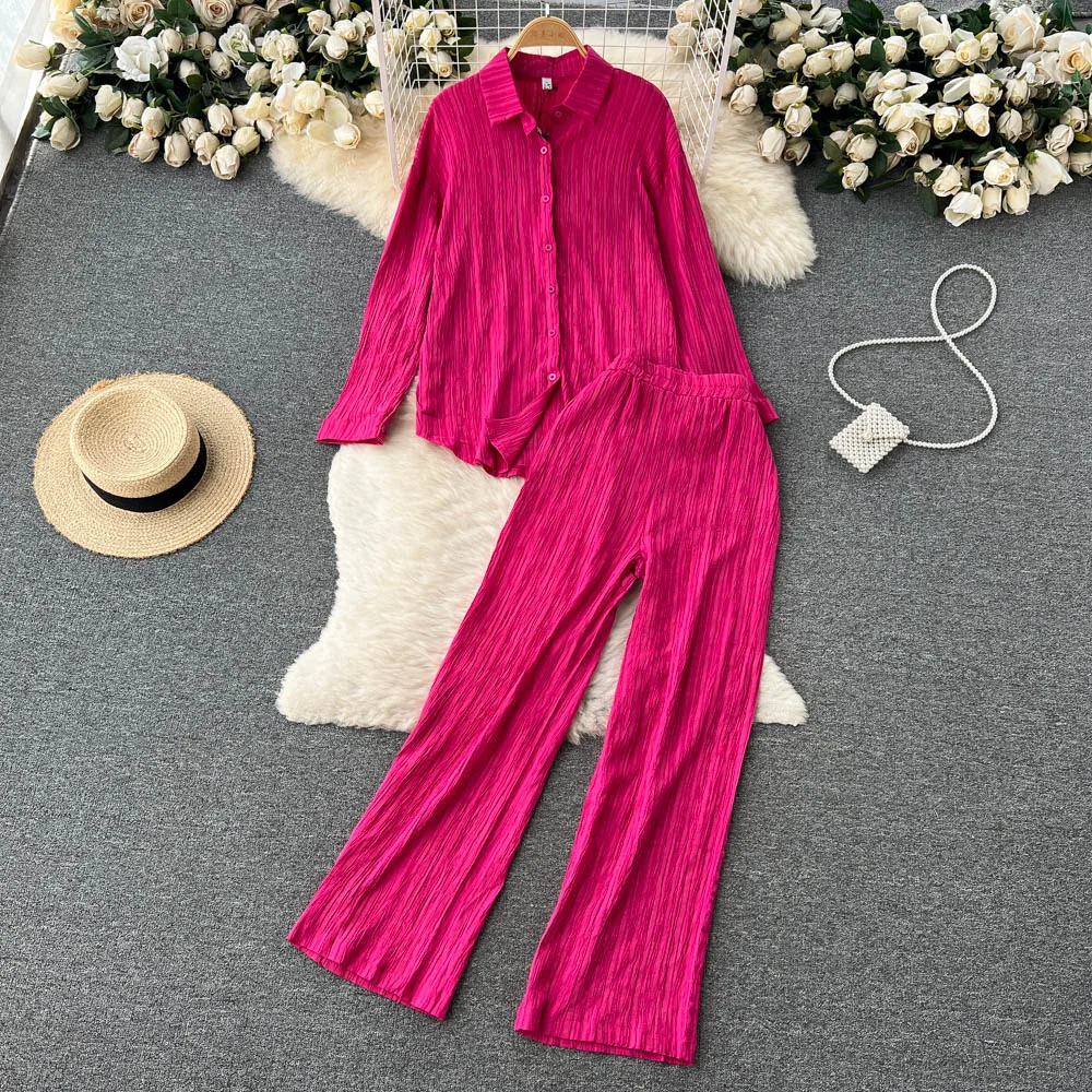 Casual Solid Pleated Pants Set Women Outfit Summer Two Piece Sets Autumn Loose Long Sleeve Shirts High Waist Wide Leg Pants
Casual Solid Pleated Pants Set Women Outfit Summer Two Piece Sets Autumn Loose Long Sleeve Shirts High Waist Wide Leg Pants