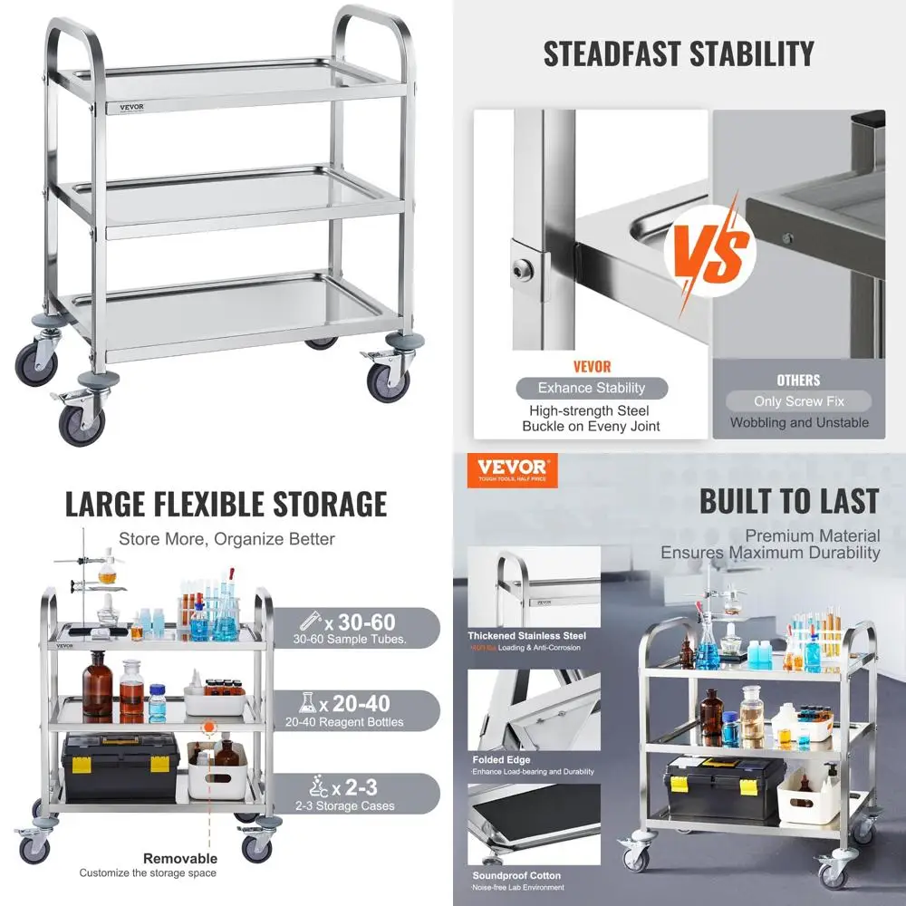 "medical lab stainless steel utility cart with 3 layers and 400 lbs capacity, lockable wheels for lab use"
"medical lab stainless steel utility cart with 3 layers and 400 lbs capacity, lockable wheels for lab use"