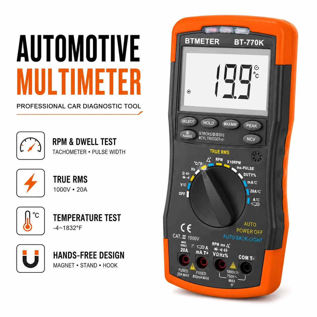Automotive Multimeter Engine Analyzer, Digital RPM Tach & Dwell Meter with Injection Pulse Test, True RMS AC/DC Voltage Current
Automotive Multimeter Engine Analyzer, Digital RPM Tach & Dwell Meter with Injection Pulse Test, True RMS AC/DC Voltage Current