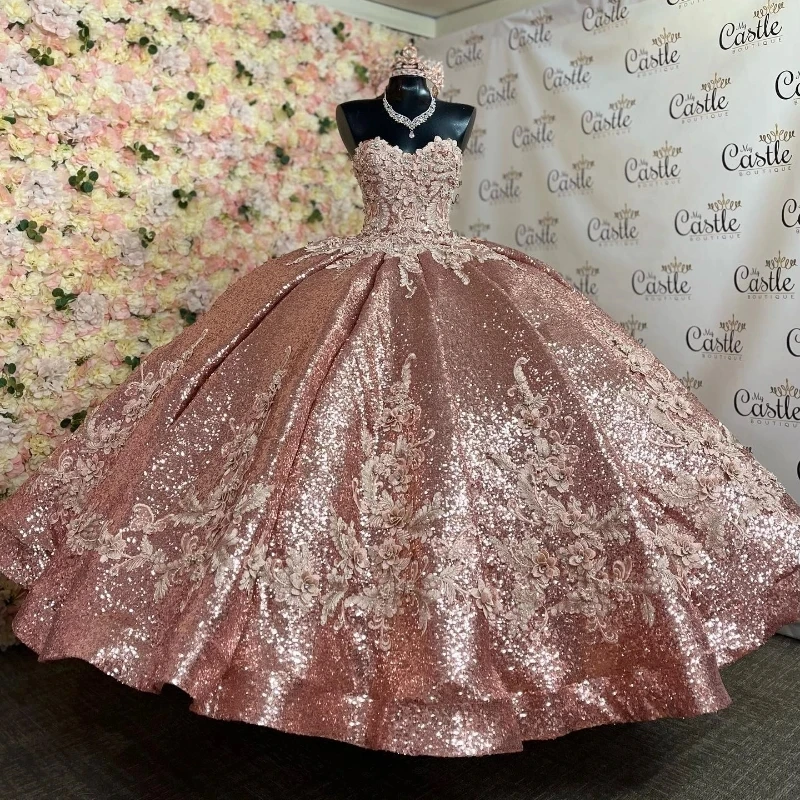 Rose Gold Quinceanera Dresses Birthday Party Elegant Appliques Crystal Sequine Shiny Tulle Evening Prom Dresses for Women Ball
Rose Gold Quinceanera Dresses Birthday Party Elegant Appliques Crystal Sequine Shiny Tulle Evening Prom Dresses for Women Ball