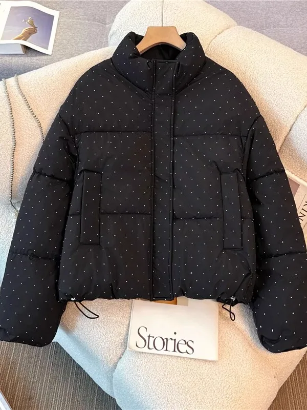 Shiny Rhinestone Black down Cotton Jacket Women's Large Size Spring New Style Drawstring Hem Shoulder-Length Outerwear
Shiny Rhinestone Black down Cotton Jacket Women's Large Size Spring New Style Drawstring Hem Shoulder-Length Outerwear