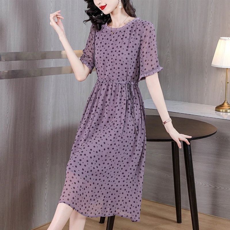2023 Women's Dress Purple Silk Printed Short Sleeve Summer Long Dress Mesh Spliced Loose Large Waist Slim Round Neck Dress Robe
2023 Women's Dress Purple Silk Printed Short Sleeve Summer Long Dress Mesh Spliced Loose Large Waist Slim Round Neck Dress Robe