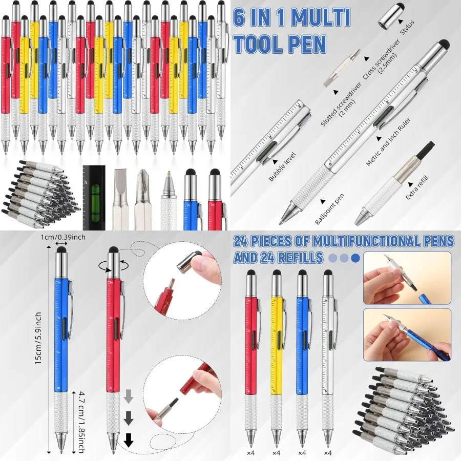 Yeaqee 24 Pcs Multi Tool Pens for Men 6 in 1 Screwdriver Multi Function Pen with Refills Ruler Level Gauge Ballpoint Pen for Da
Yeaqee 24 Pcs Multi Tool Pens for Men 6 in 1 Screwdriver Multi Function Pen with Refills Ruler Level Gauge Ballpoint Pen for Da