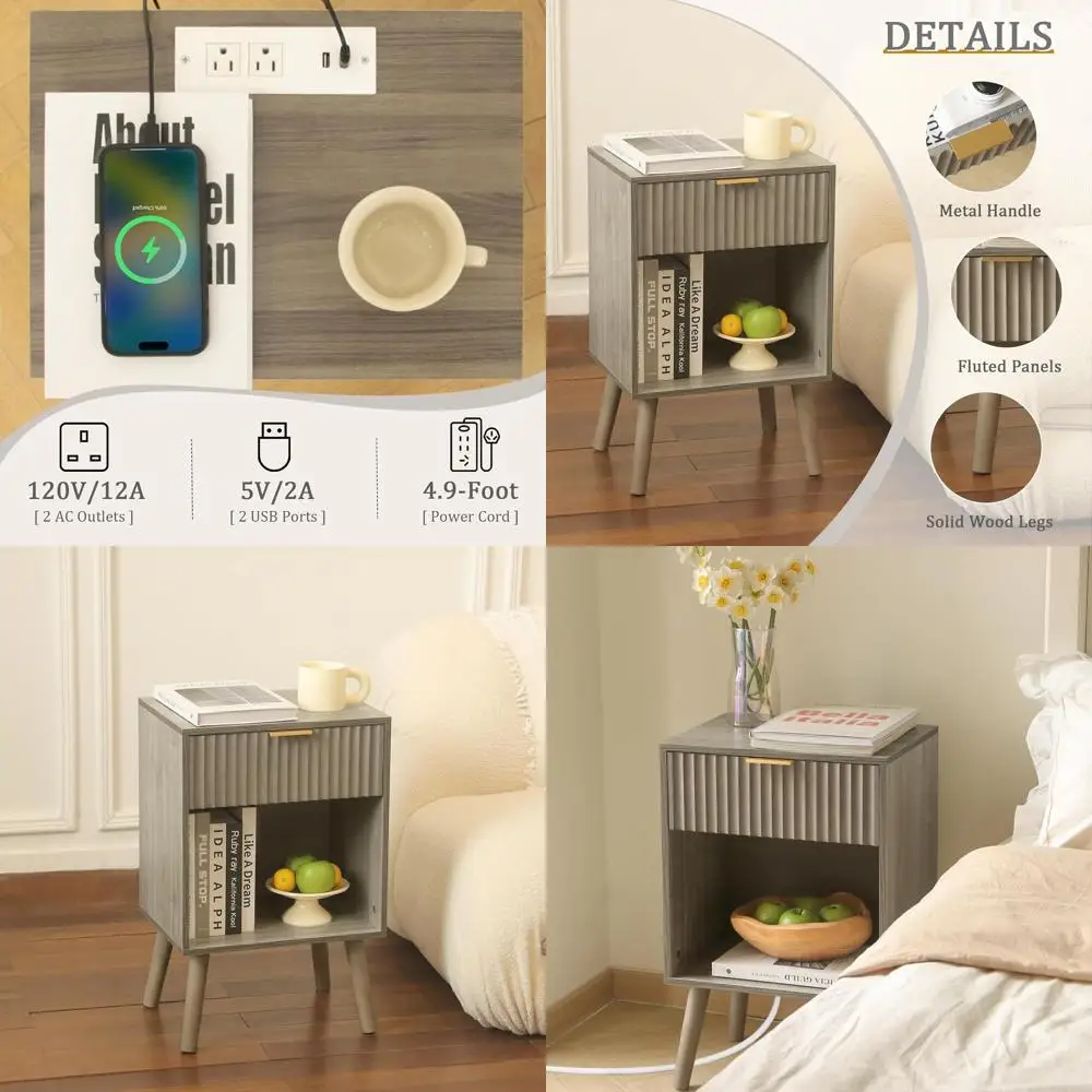 Modern Grey Wood Nightstand with Charging Station, Fluted Drawers, Storage Shelf for Bedroom and Living Room
Modern Grey Wood Nightstand with Charging Station, Fluted Drawers, Storage Shelf for Bedroom and Living Room