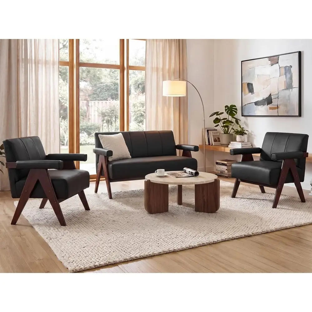 Mid-Century Modern 2-Piece Leather Loveseat and Accent Chair Set with Wooden Arms for Living Room
Mid-Century Modern 2-Piece Leather Loveseat and Accent Chair Set with Wooden Arms for Living Room