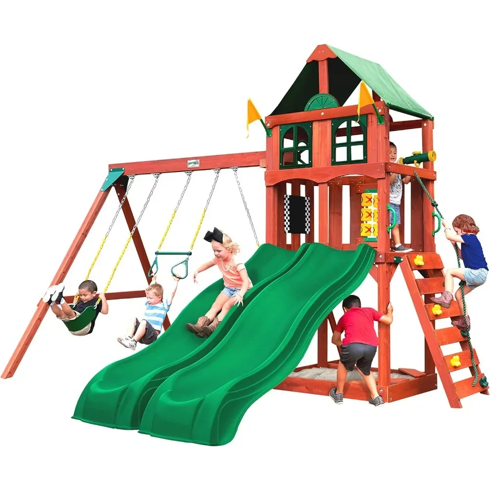 Wooden Swing Set with Vinyl Canopy Roof, Dual Wave Slides, and Rock Climbing Wall, Redwood Stained Cedar
Wooden Swing Set with Vinyl Canopy Roof, Dual Wave Slides, and Rock Climbing Wall, Redwood Stained Cedar