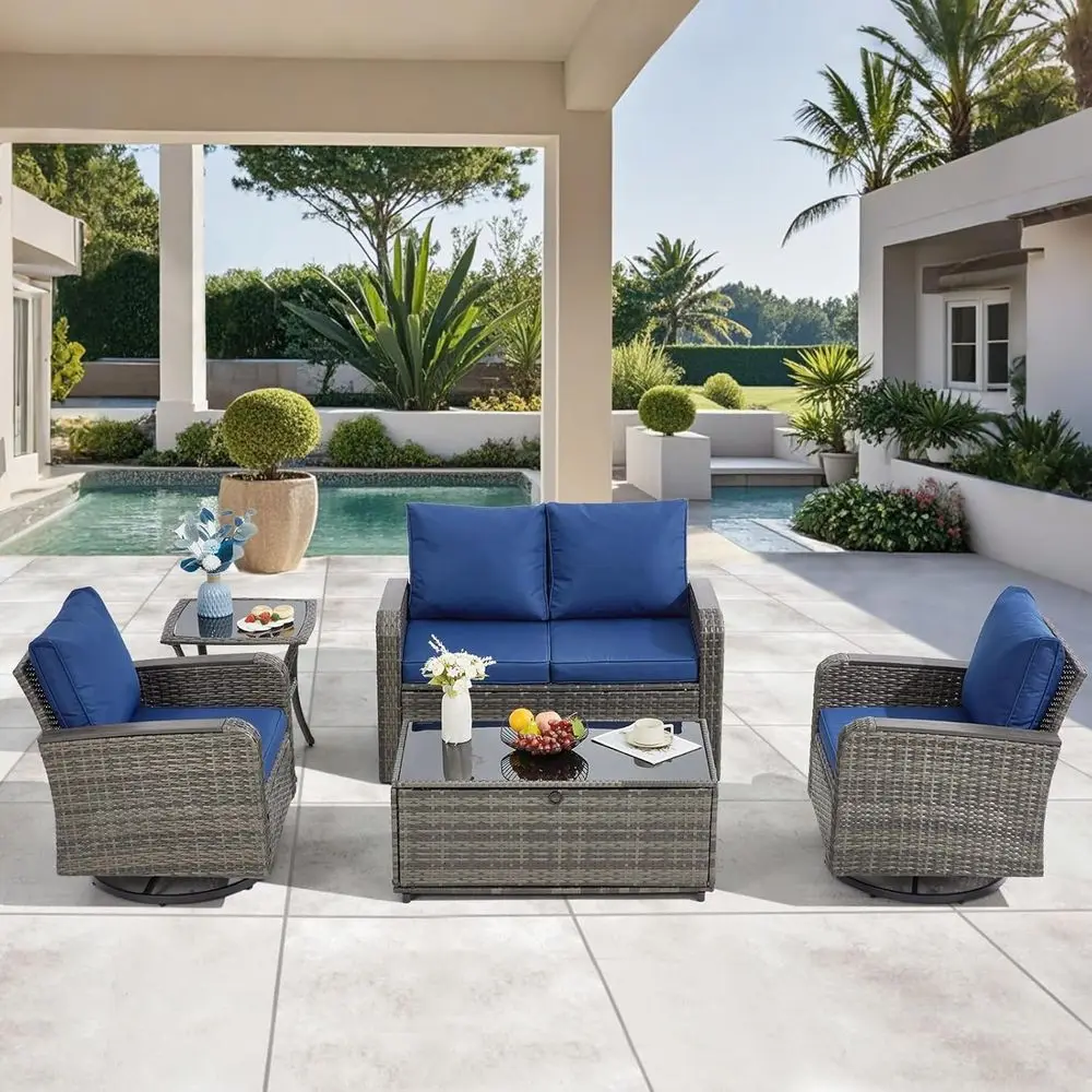 5-Piece Outdoor Furniture Set with Swivel Chairs, Wicker Patio, Porch, Deck, Lawn, Garden, Backyard, Poolside (Blue)
5-Piece Outdoor Furniture Set with Swivel Chairs, Wicker Patio, Porch, Deck, Lawn, Garden, Backyard, Poolside (Blue)