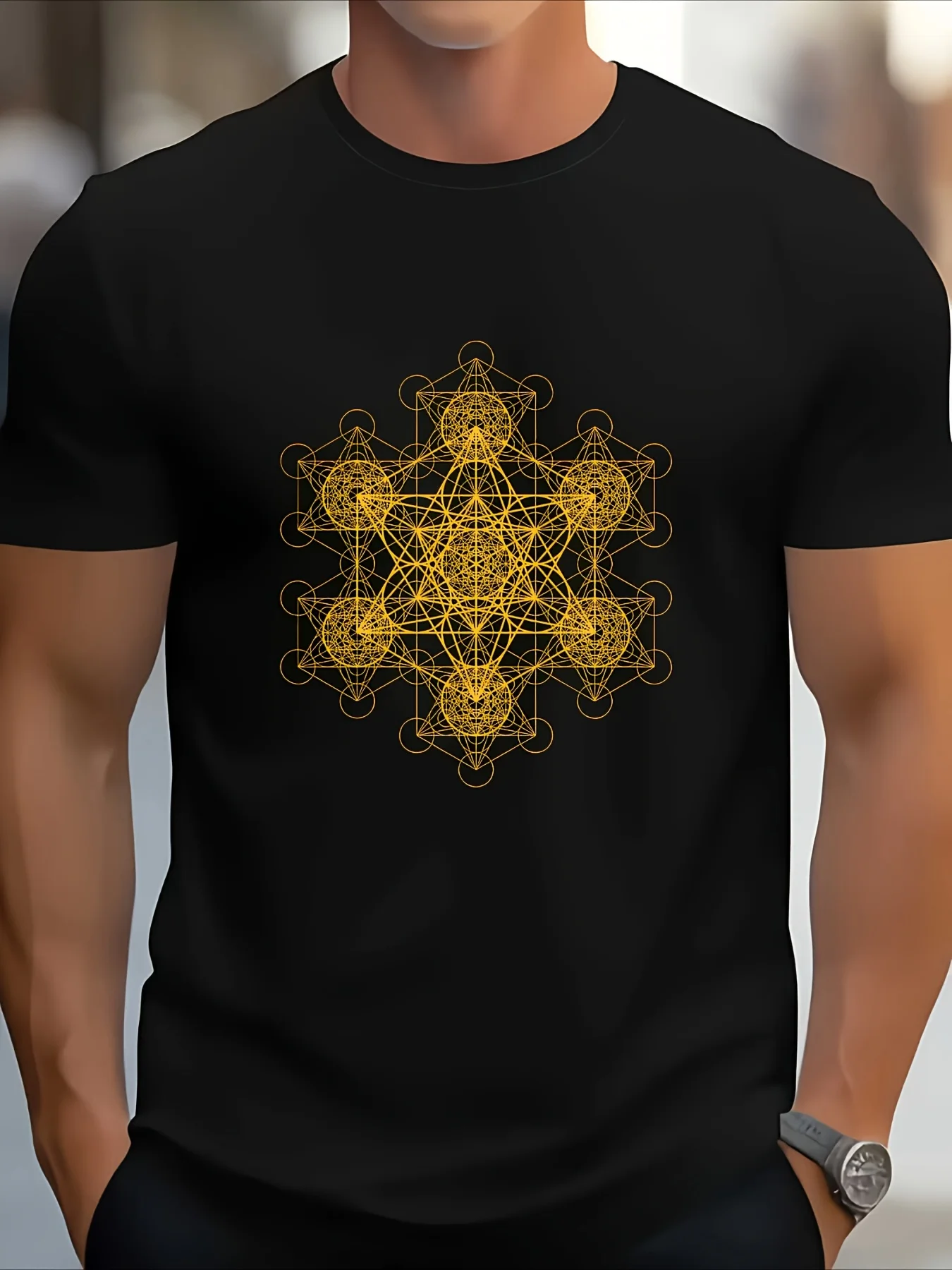 2026 Men's 100% Cotton Sacred Geometry Metatron Cube T-Shirt - Black with Golden Print Glossy Tee, Regular Fit Short Sleeve Roun
2026 Men's 100% Cotton Sacred Geometry Metatron Cube T-Shirt - Black with Golden Print Glossy Tee, Regular Fit Short Sleeve Roun