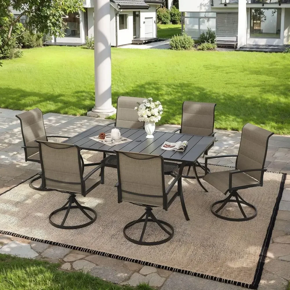 6-Piece Outdoor Dining Set with 59 Rectangular Metal Table and Swivel Chairs for Patio, Lawn, Garden, Backyard
6-Piece Outdoor Dining Set with 59 Rectangular Metal Table and Swivel Chairs for Patio, Lawn, Garden, Backyard