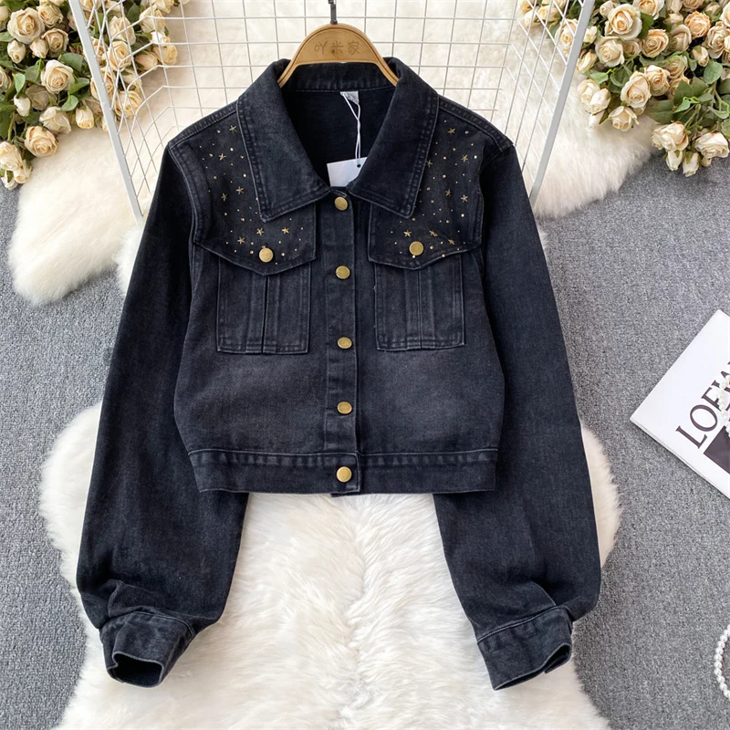 Harajuku Vintage Blue Slim Short Denim Jacket Women Fashion Bead Rivet Lapel Long Sleeve Spring Autumn Female Jeans Jacket Coat
Harajuku Vintage Blue Slim Short Denim Jacket Women Fashion Bead Rivet Lapel Long Sleeve Spring Autumn Female Jeans Jacket Coat