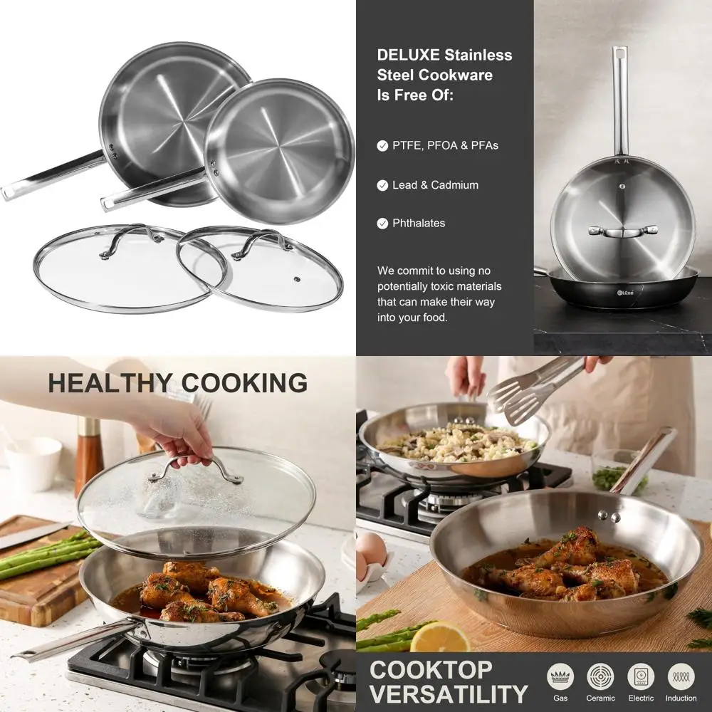 Stainless Steel 4-Piece Frying Pan Set - 10 and 12 Inch Skillets with Lids and Cool Handles, PFOA-Free, Suitable for All Stoveto
Stainless Steel 4-Piece Frying Pan Set - 10 and 12 Inch Skillets with Lids and Cool Handles, PFOA-Free, Suitable for All Stoveto