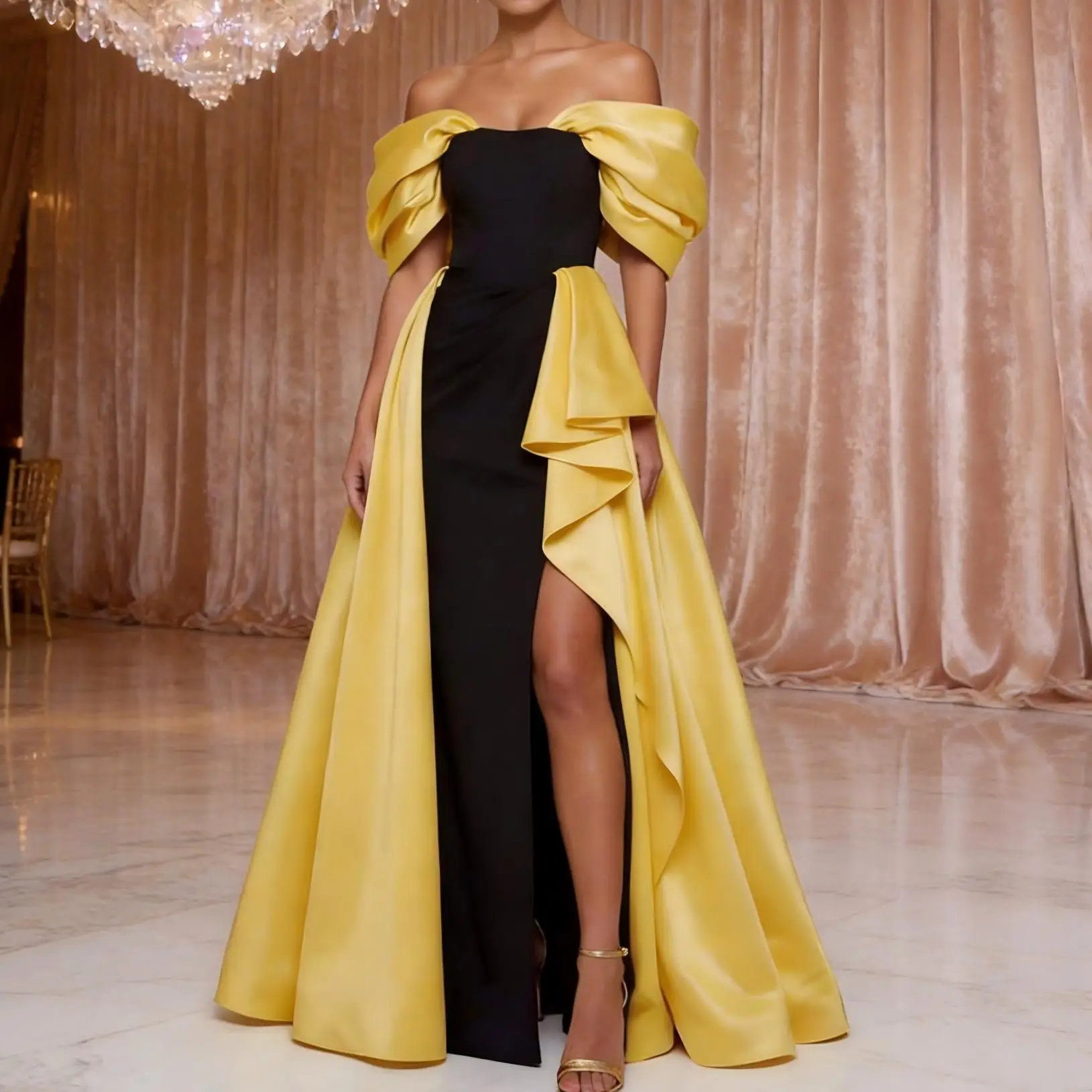 QMANSHA Couture Plus Size Black Yellow Satin Evening Dress Off Shoulder Ruffle High Slit Formal Gown Party Dress Toasting Attire
QMANSHA Couture Plus Size Black Yellow Satin Evening Dress Off Shoulder Ruffle High Slit Formal Gown Party Dress Toasting Attire