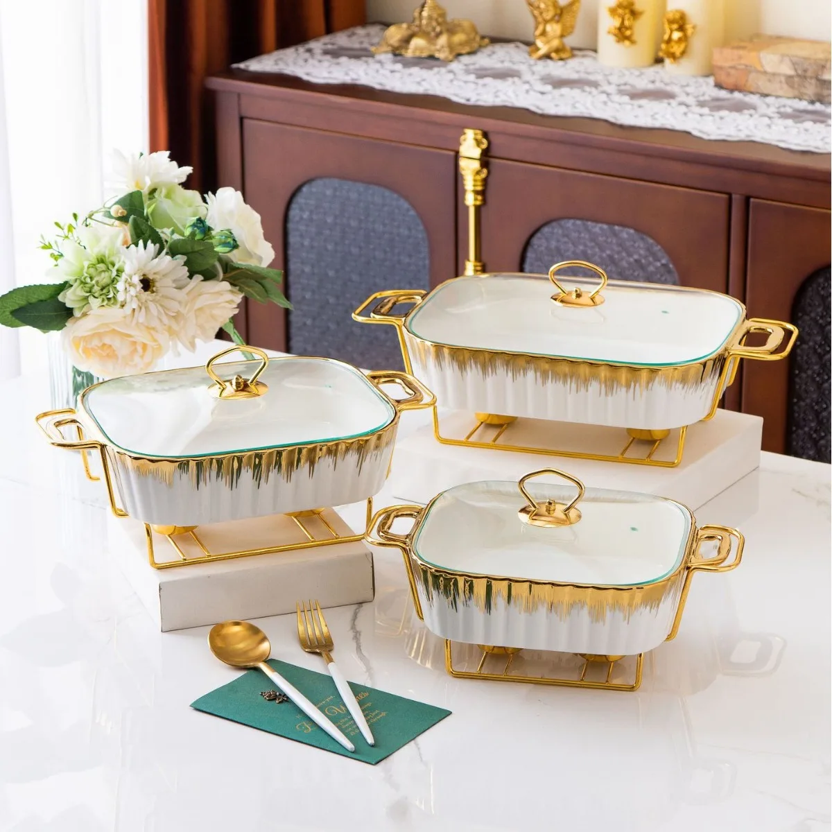 Rectangle gold ceramic pot baking tray tableware light heat hotel dry soup pot casserole creative pot rack
Rectangle gold ceramic pot baking tray tableware light heat hotel dry soup pot casserole creative pot rack