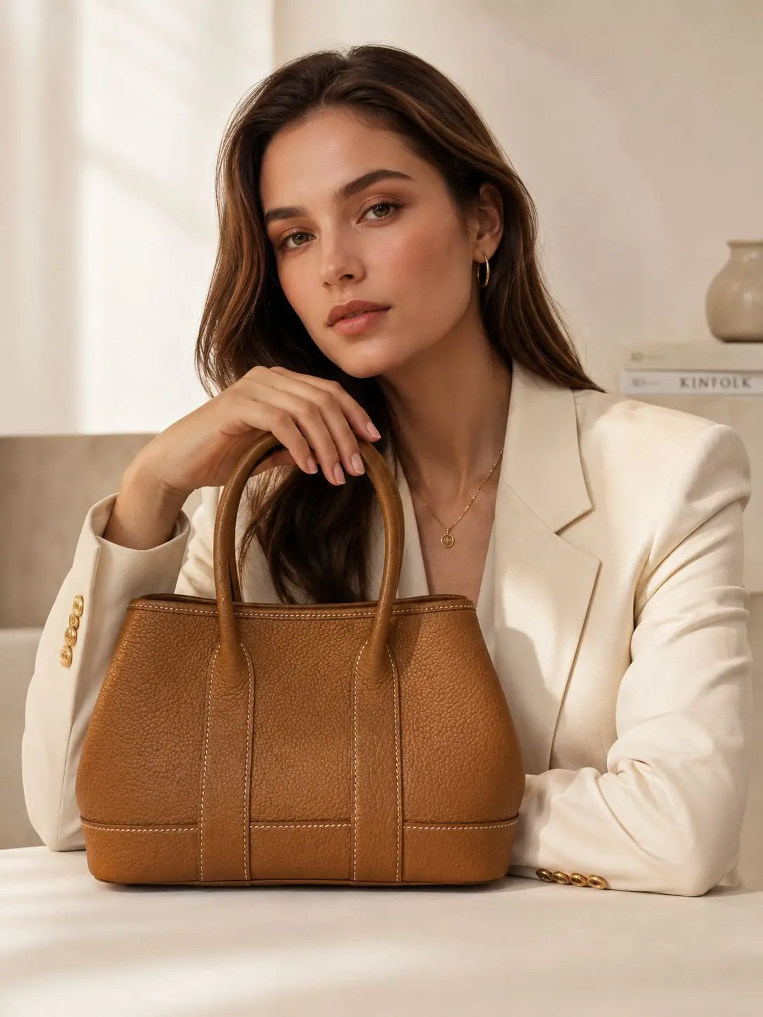 Brown granulated leather handbag with contrasting stitching and a padded top handle.
Brown granulated leather handbag with contrasting stitching and a padded top handle.